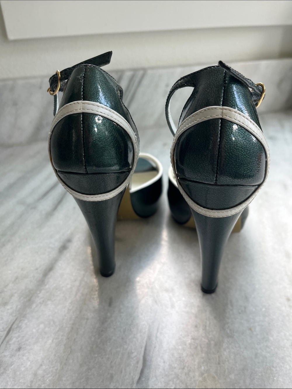 Nascar Dark Green Peep-Toe Ankle Strap Heels with White Trim - Picture 9 of 15